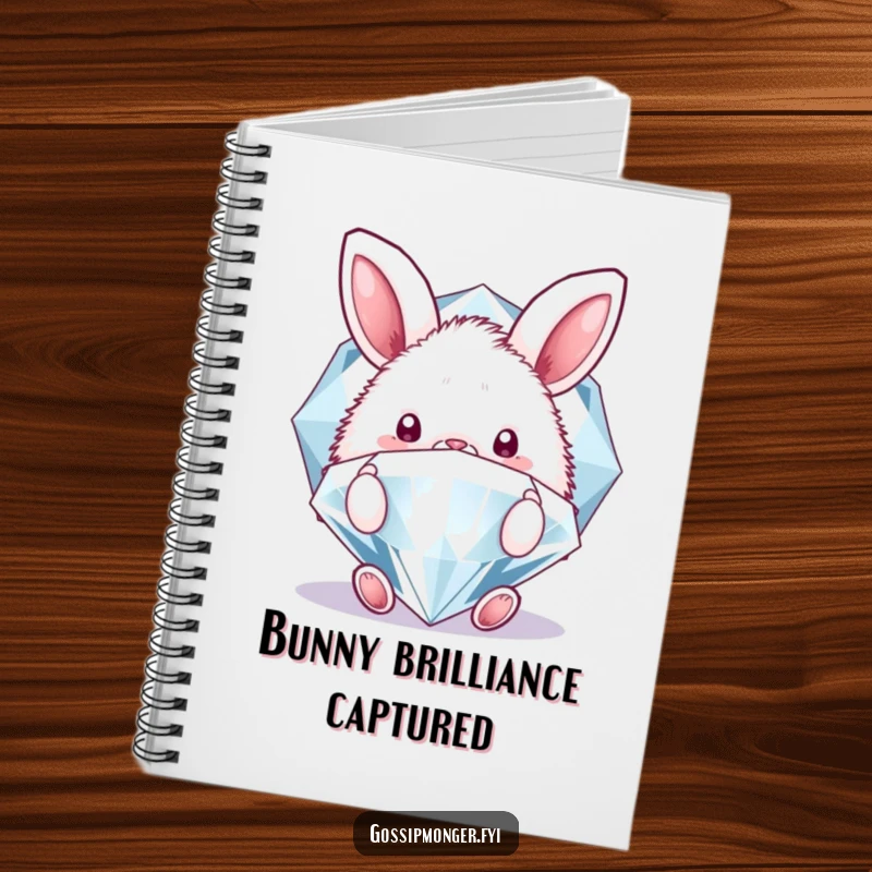 Funny notebook cover with a fluffy bunny peeking behind a sparkling diamond, designed for jotting down ideas with a touch of charm and humor.