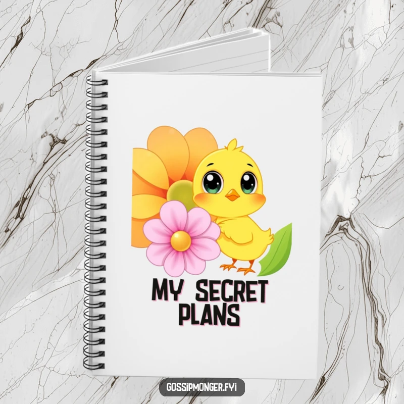 Funny Chick Notebook: A yellow chick with large eyes whispers secrets to a flower, perfect for jotting down funny notes or private thoughts.