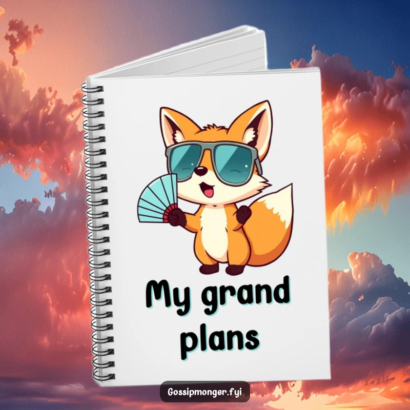 Funny notebook cover with a tiny fox wearing oversized sunglasses, gesturing wildly with a fan, designed for jotting down ideas with a cool vibe.