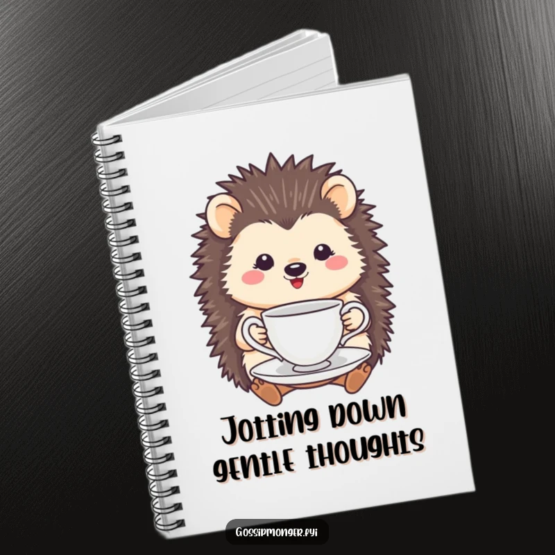 Funny Hedgehog Tea Cup Notebook: A smiling hedgehog holds a delicate tea cup and saucer, perfect for jotting down serene thoughts.