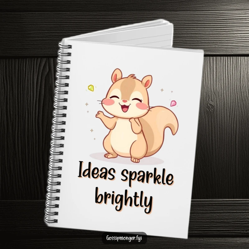 Funny Kawaii Squirrel Notebook: A cheerful, cute squirrel juggles tiny, sparkling gems with a delighted expression, ideal for note-taking.