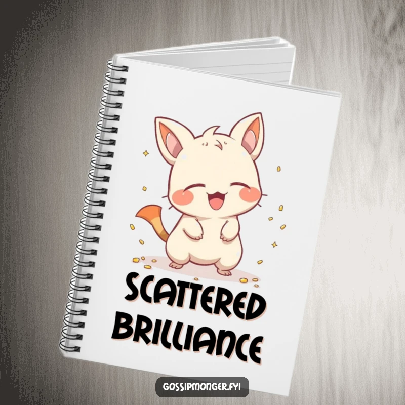 Funny creature with a pointy tail scattering shiny objects with a giggle, featured on a notebook cover, inspiring creative and playful writing.