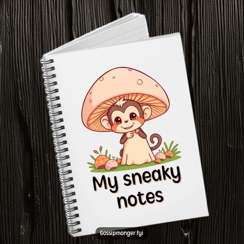 Funny notebook featuring a mischievous monkey pretending to eavesdrop behind a giant mushroom, ideal for notes.