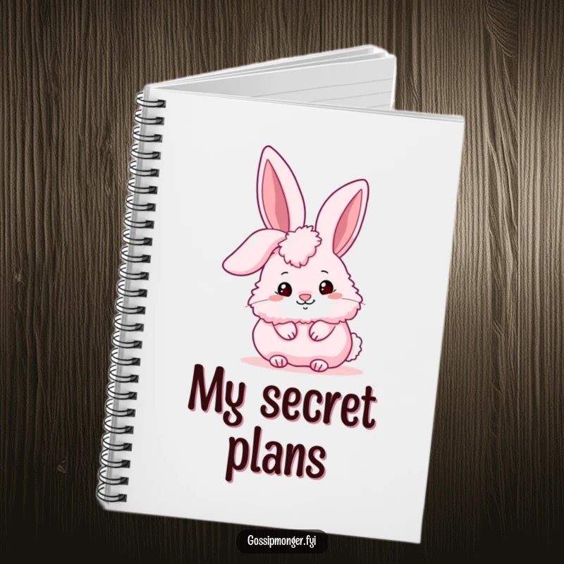 Funny fluffy pink bunny peeking conspiratorially behind a giant stylized ear, ideal for capturing thoughts with cute charm.