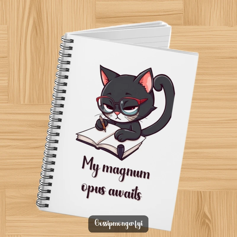Funny black cat wearing spectacles, furiously scribbling in a notebook with a quill, blank pages for writing and notes.