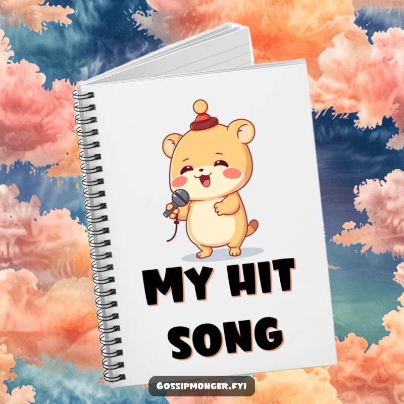 Funny creature with a tiny hat spinning with a microphone, featured on a notebook cover, inspiring musical and performance-related writing.