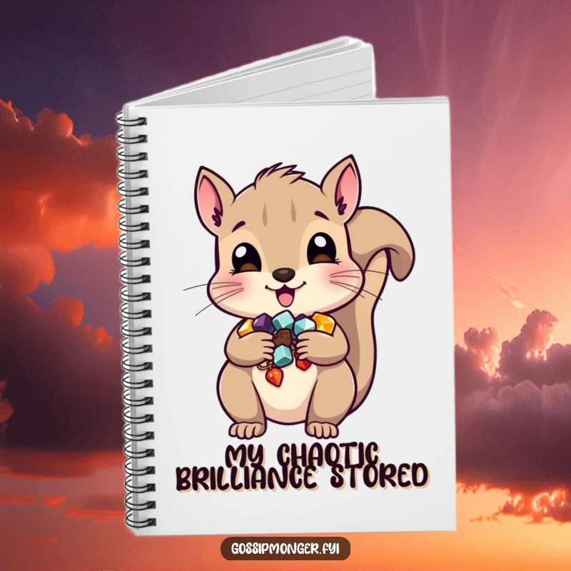 Funny squirrel notebook for capturing ideas, with a mischievous character hiding shiny trinkets in its cheeks, great gift.