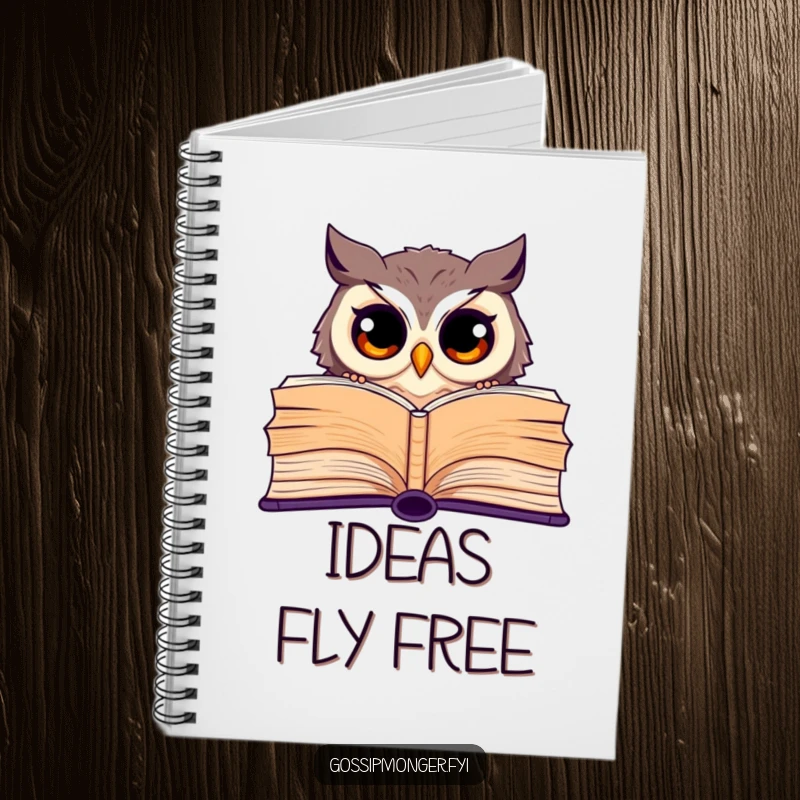 Funny notebook with a curious owl with wide eyes peeking from behind a giant open book, great for journaling.