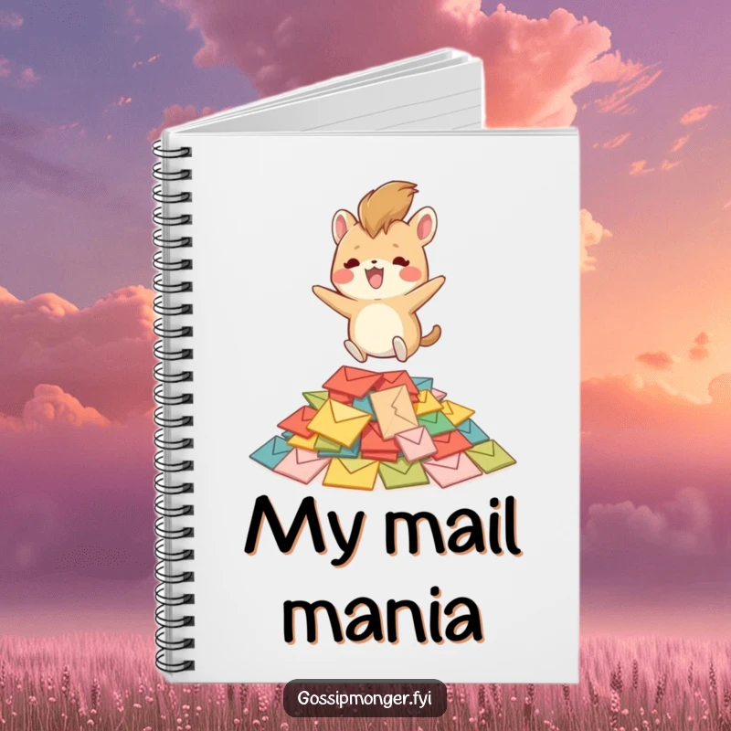 Funny creature with a bushy tail bouncing on colorful envelopes, featured on a notebook cover, inspiring joyous writing and creative ideas.