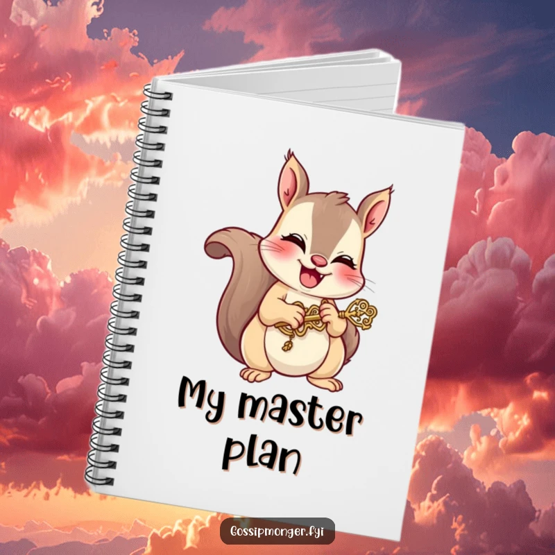 Funny notebook cover with a mischievous squirrel giggling while holding a tiny, ornate key, designed for recording thoughts with playful woodland charm.
