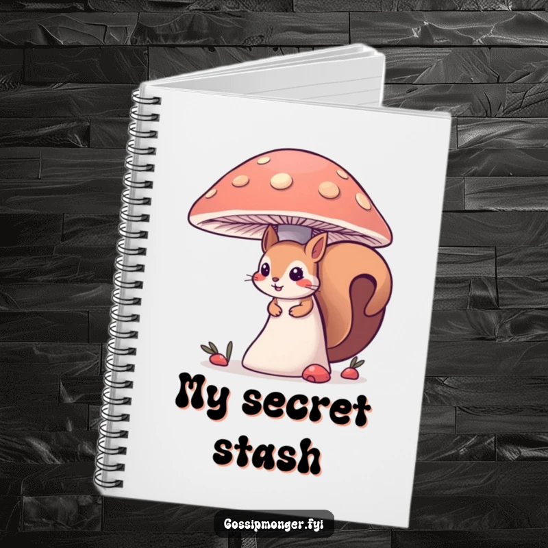 Funny curious squirrel notebook, peeking from behind a large mushroom, ideal for recording observations, thoughts, and nature-inspired ideas.
