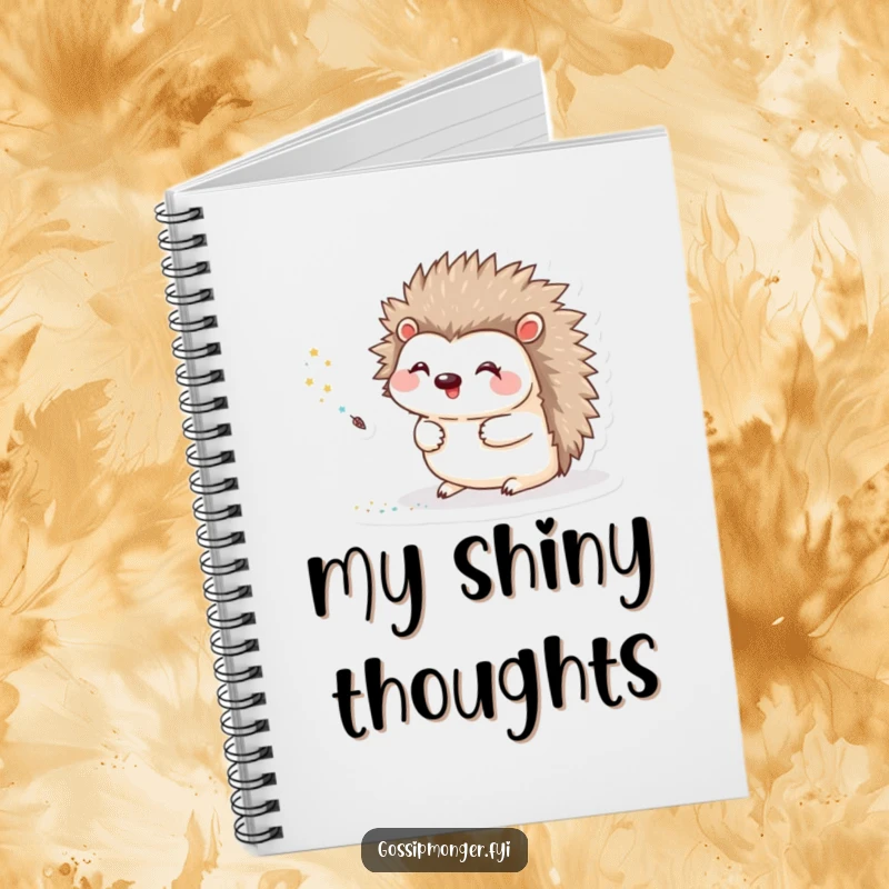 Funny Notebook with a happy hedgehog creating a glitter trail with a tiny quill, perfect for journaling or sketching.