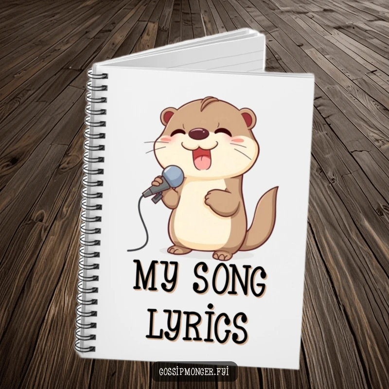 Funny notebook featuring a giggling otter using a large seashell as a microphone, perfect for songwriting ideas.