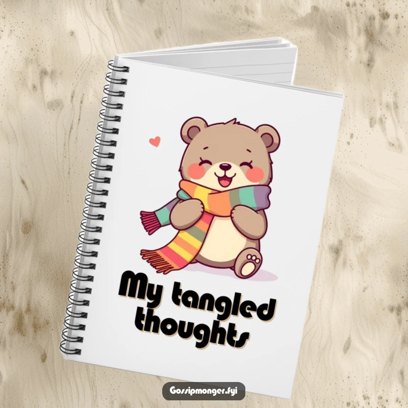 Funny notebook cover with a joyous bear happily knitting a long scarf, perfect for creative notes.
