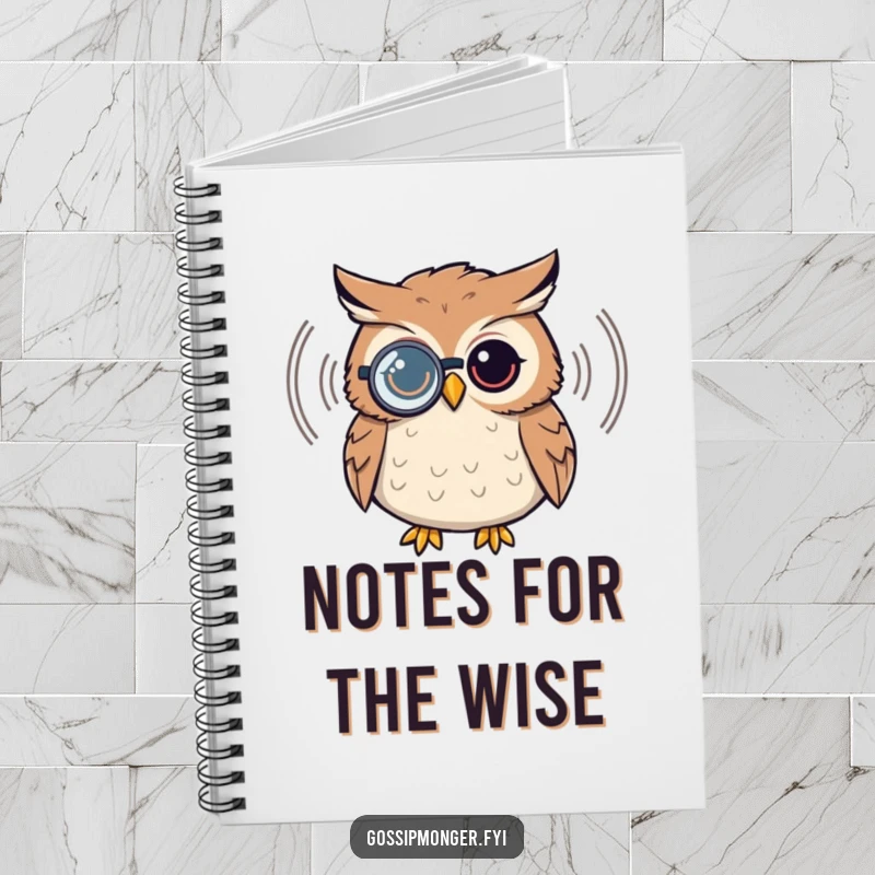 Funny owl notebook, wearing a monocle, listening to a sound wave, lined pages, perfect for notes and journaling.