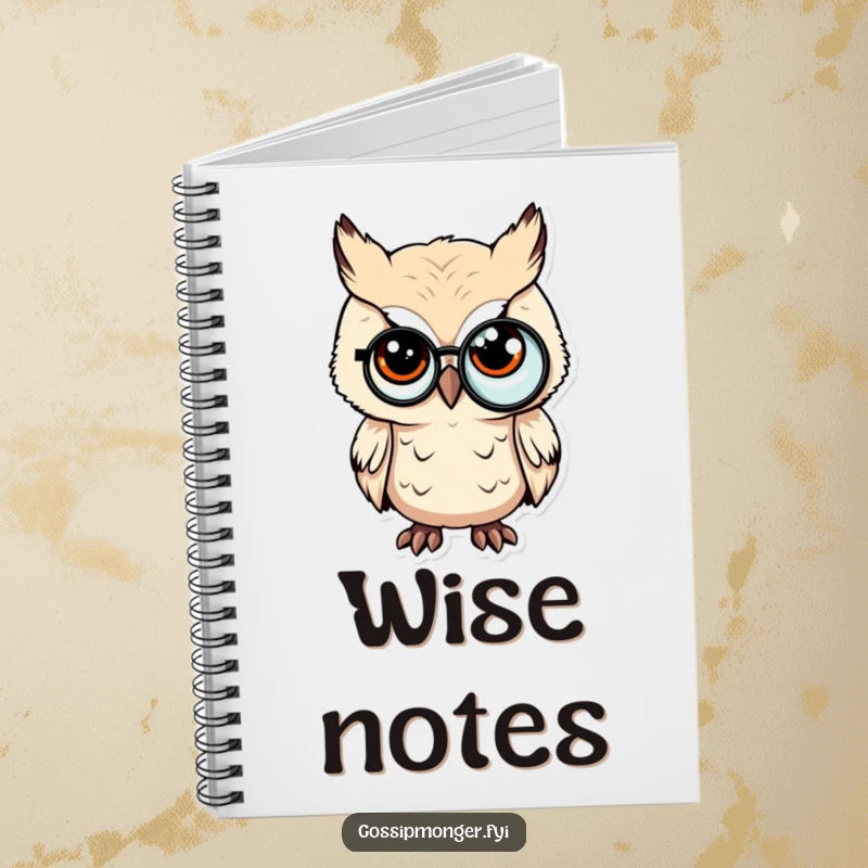 Funny notebook with a tiny owl, monocle, and a sly wink, perfect for journaling and bright ideas.