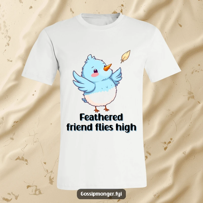 Funny blue bird t-shirt depicting a fluffy bird pointing at a floating feather, capturing a moment of playful curiosity and happiness.