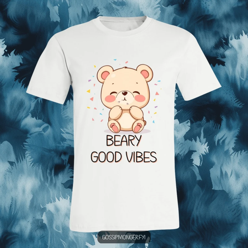 Funny cute bear t-shirt blowing a kiss of confetti, designed for party lovers, a joyful and humorous apparel.