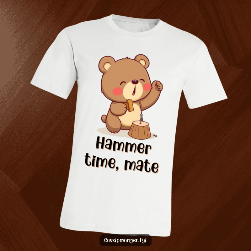 Funny t-shirt of a determined bear focused on enthusiastically hammering a very small nail into a piece of wood, a comedic scene.