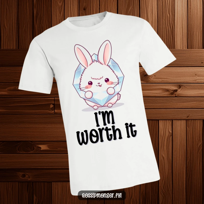 Funny t-shirt with a fluffy bunny peeking from behind a giant, sparkling diamond, conveying a sense of playful mischief and admiration for luxury.