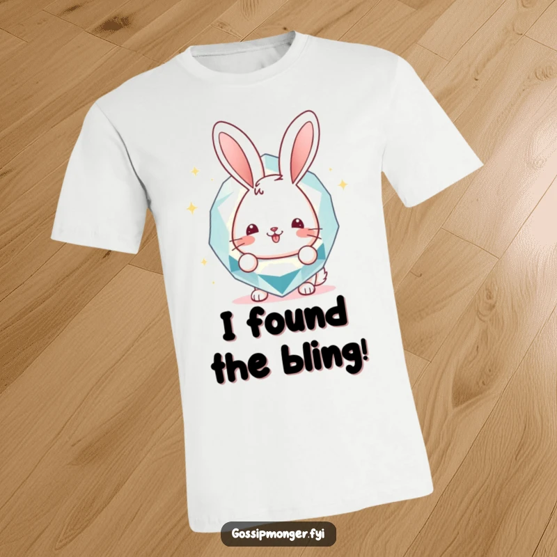 Funny T-Shirt: Cute bunny peeking from behind a giant, glittering gemstone, showcasing a cheerful and playful vibe, ideal for a funny gift.