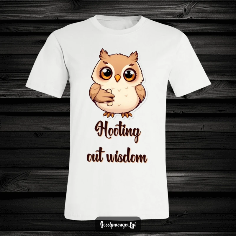 Funny plump happy owl with wide curious eyes, holding a tiny rolled-up scroll, t-shirt for learners.
