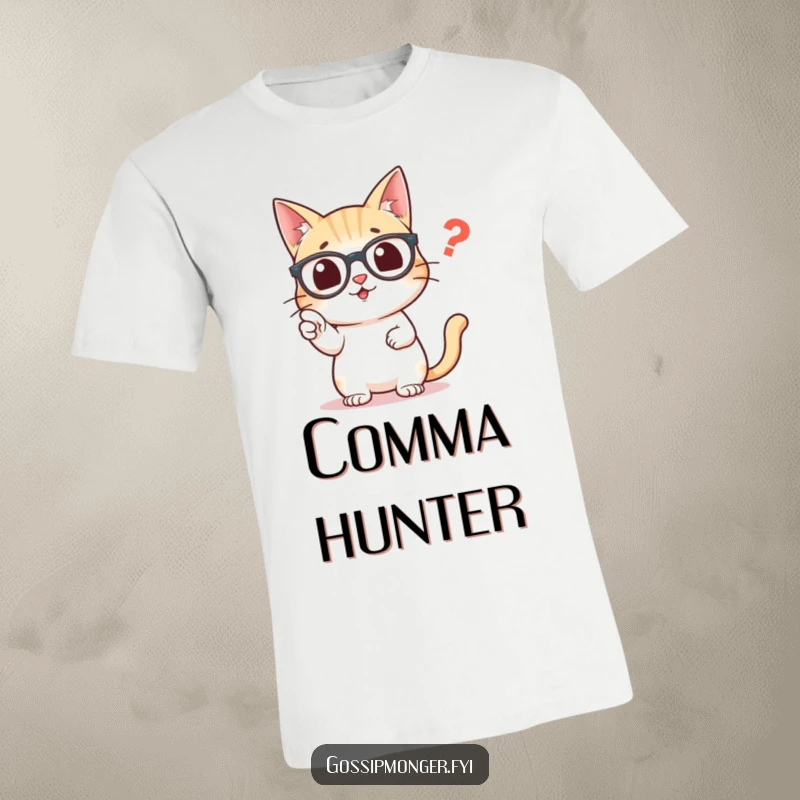 Funny t-shirt with a studious cat wearing glasses, emphatically pointing at a lone misplaced comma.