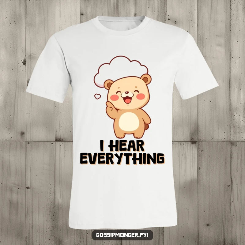 Funny Kawaii Bear T-Shirt: A giggling, cute bear excitedly points at a floating cloud, suggesting shared secrets and humor.