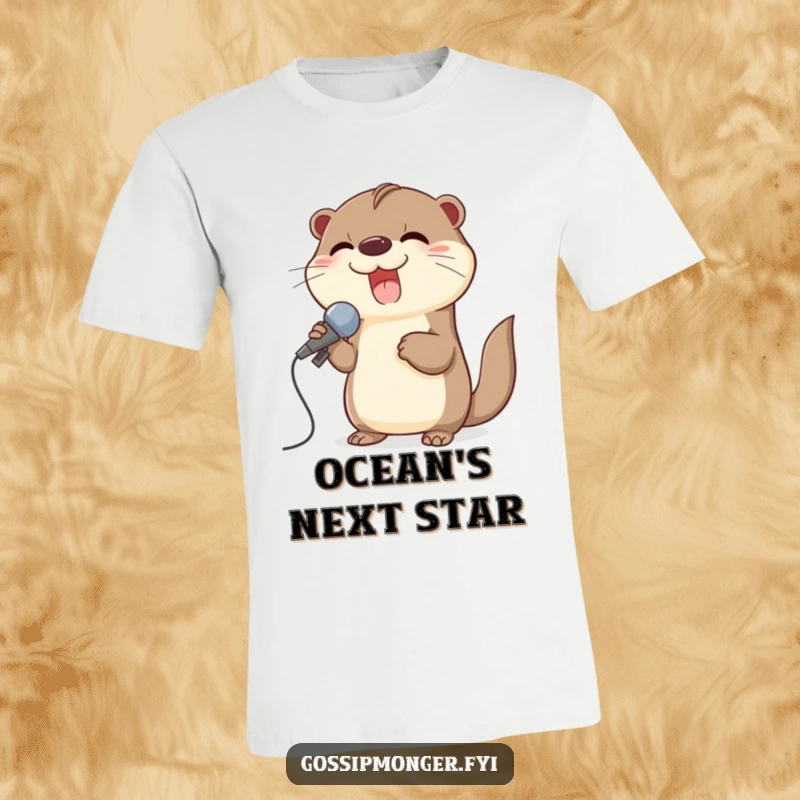 Funny t-shirt with a giggling otter using a giant seashell as a microphone to sing with pure delight.