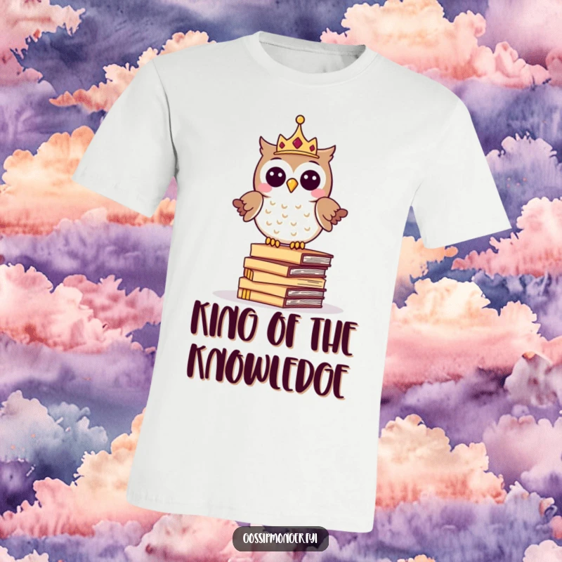 Funny t-shirt featuring a giggling owl wearing a tiny crown, balancing on a stack of whispering letters, a symbol of knowledge and fun.
