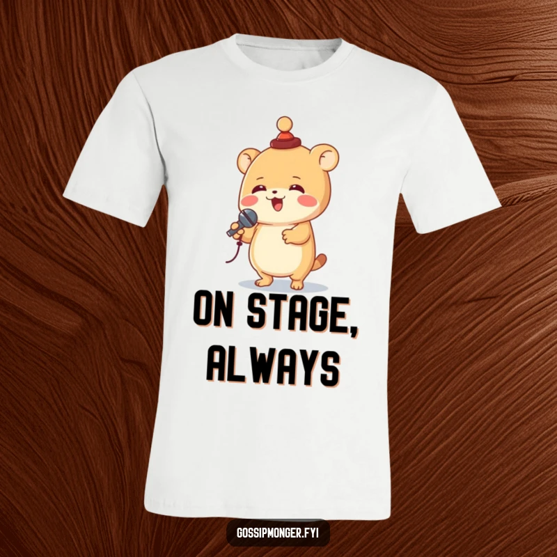 Funny creature wearing a small hat spins joyfully while holding a tiny microphone, creating a humorous and performance-themed design on this tee.
