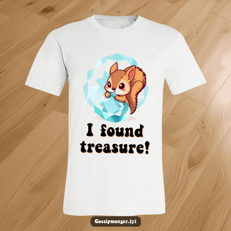 Funny T-Shirt: A tiny squirrel peeks out from behind a huge, sparkling gemstone, depicting a funny moment of discovery.