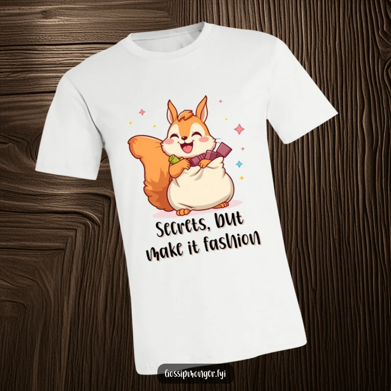 Funny t-shirt showcasing a joyful squirrel with legs overflowing bag of imaginary secrets, expressing boundless amusement.