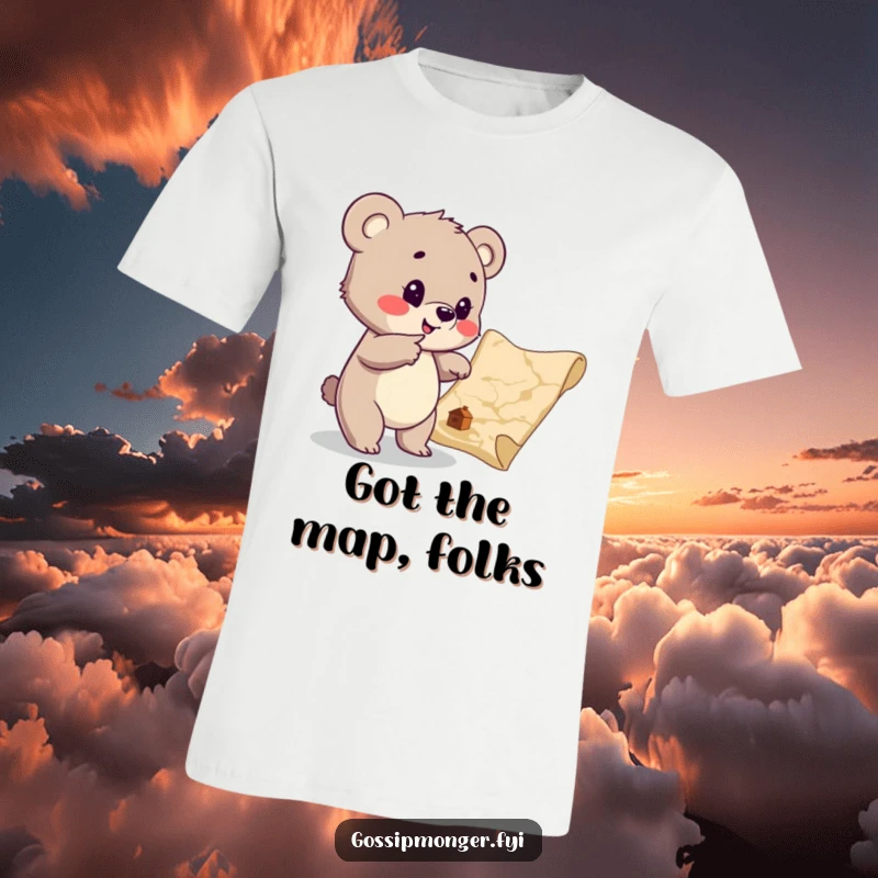 Funny Bear Cub Treasure Map T-Shirt: A cute bear cub excitedly points at a hidden treasure map, embodying playful adventure.