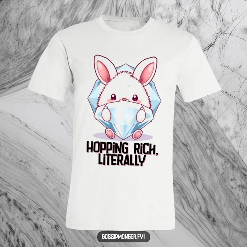 Funny t-shirt featuring a fluffy bunny peeking behind a huge, glittering diamond, embodying curiosity and a love for all things precious.