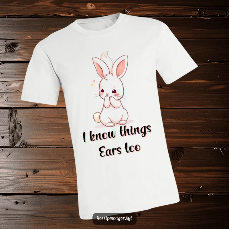 Funny Kawaii Rabbit T-Shirt: A miniature, adorable bunny whispers secrets into a huge, fluffy ear, a hilarious design for tea lovers.