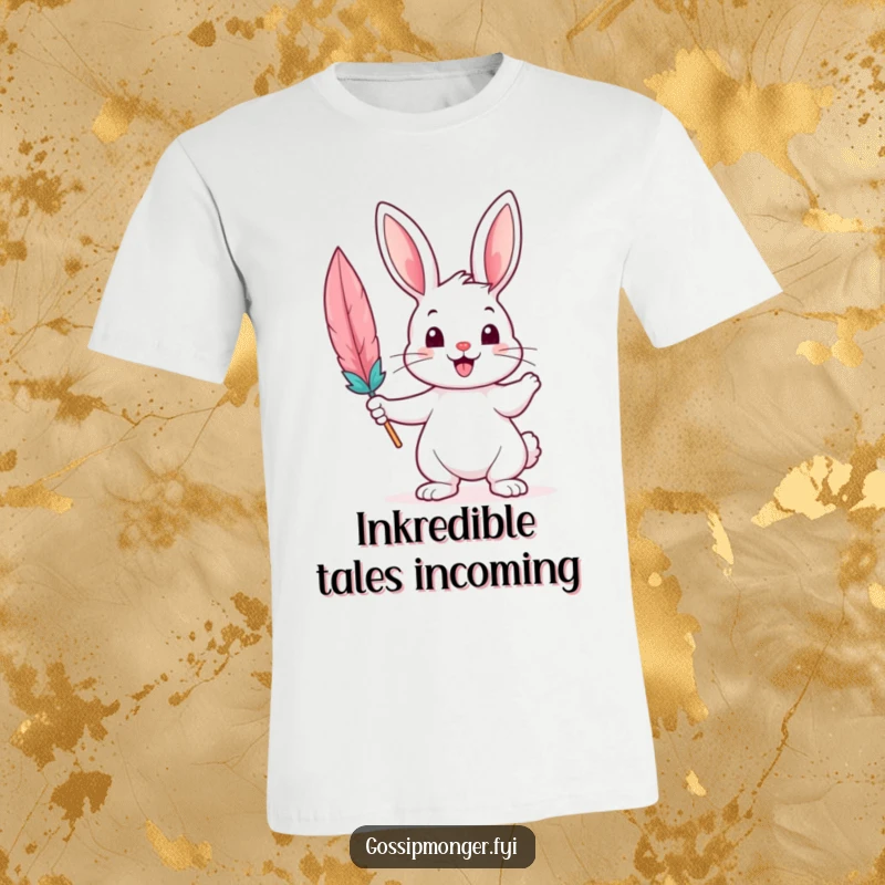 Funny T-Shirt showing a happy bunny holding a colorful feather quill, symbolizing creativity and a love for writing.