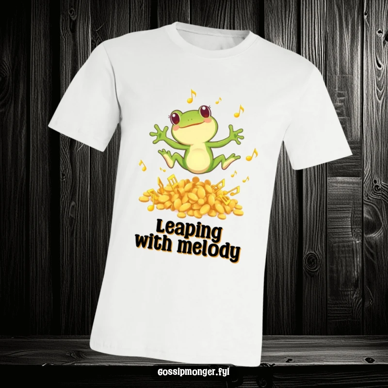 Funny t-shirt depicting a small green frog joyfully leaping from a pile of golden musical notes, full of lively spirit.