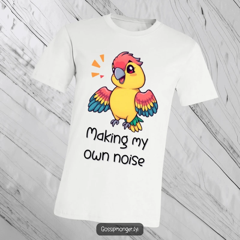 Funny technicolor parrot with a sassy tilt of its head, mimicking a sound effect with its wings, vibrant t-shirt.