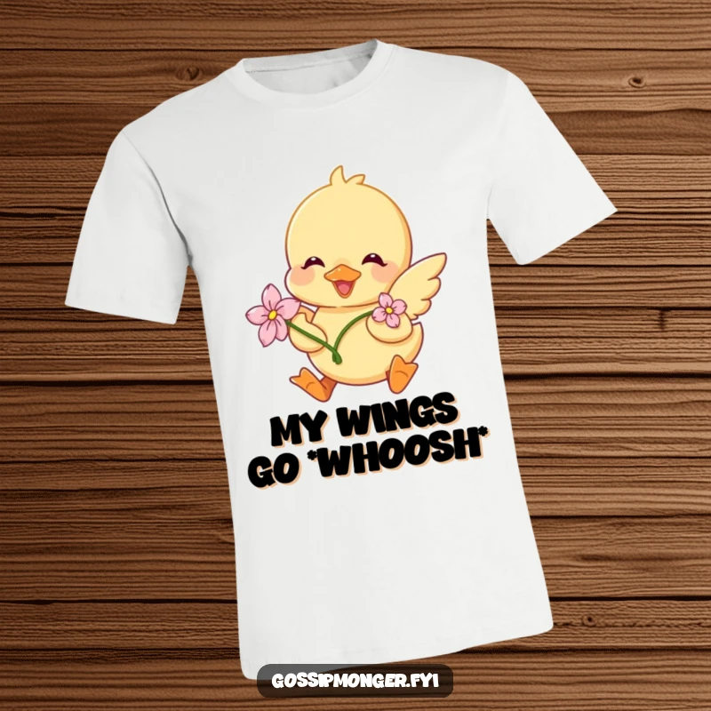 Funny Duckling T-Shirt: A sweet duckling wearing a flower on its head excitedly flutters its wings, radiating pure joy and cuteness.