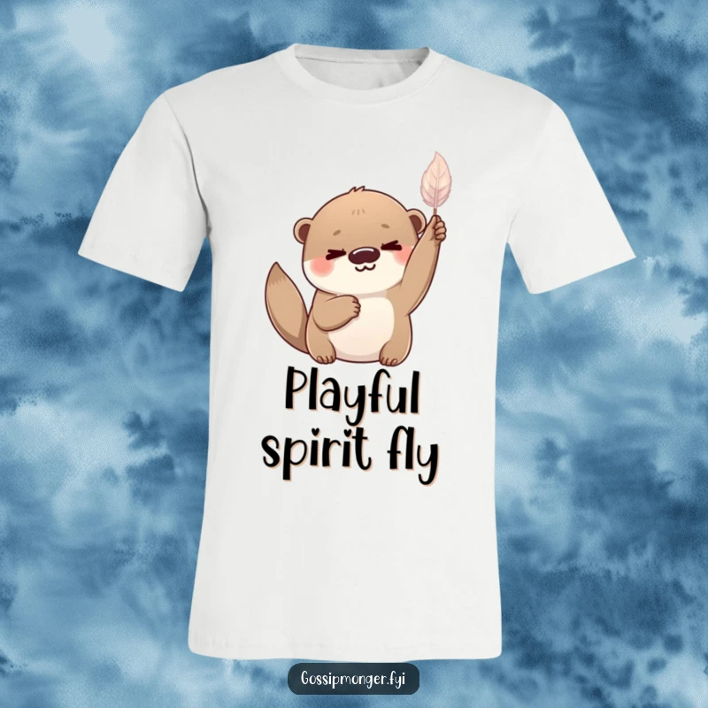 Funny playful otter with a knowing smile, holding a delicate shimmering feather aloft, nature t-shirt.