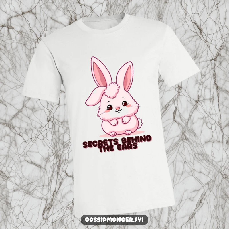 Funny fluffy pink bunny peeking conspiratorially from behind a huge stylized ear, conveying charm and a playful secret.