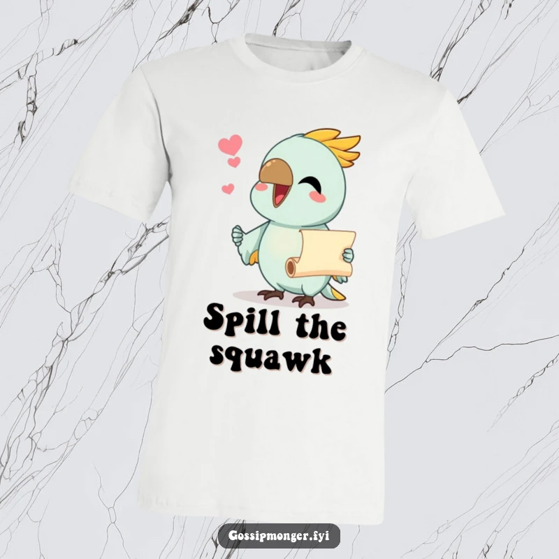 Funny t-shirt showing a chatty parrot with beak wide open, presenting a tiny scroll with important information.
