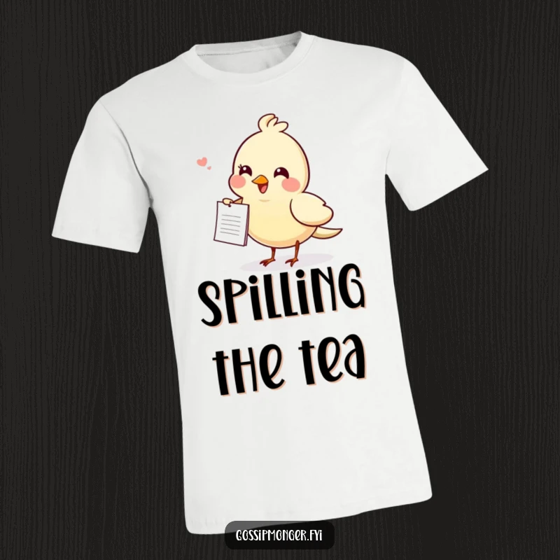 Funny gossiping bird t-shirt, carrying a small note, designed for spreading cheerful messages and avian-inspired humor with every wear.