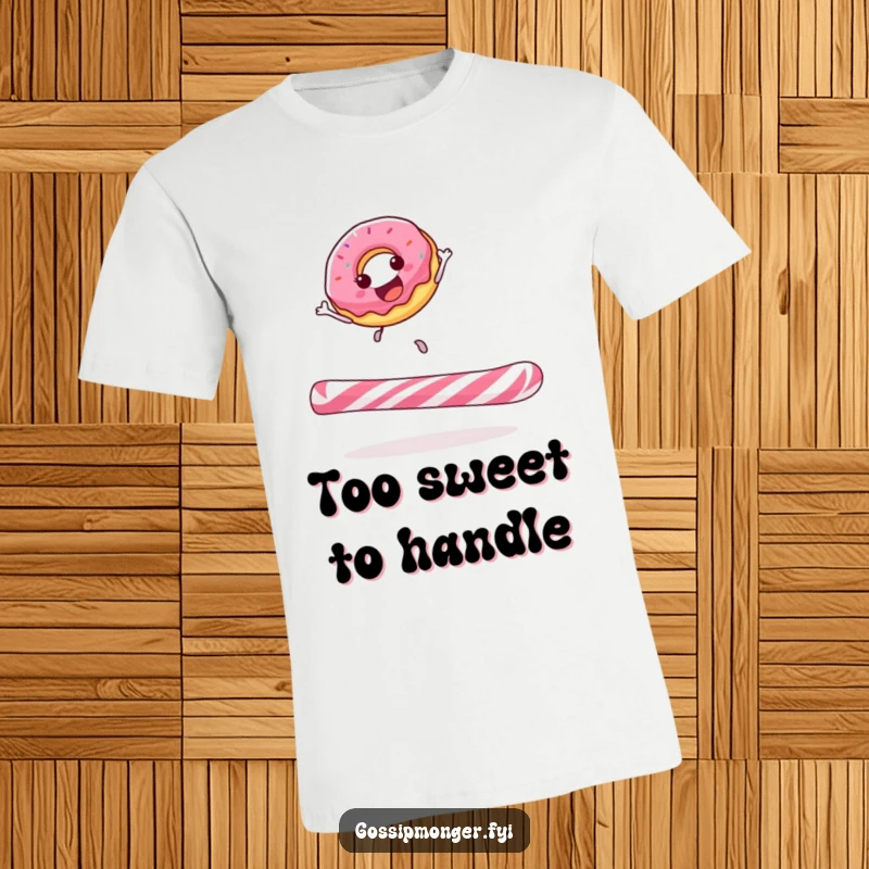 Funny donut t-shirt featuring a joyous donut gleefully bouncing high on a massive candy cane, embodying pure sugary bliss.