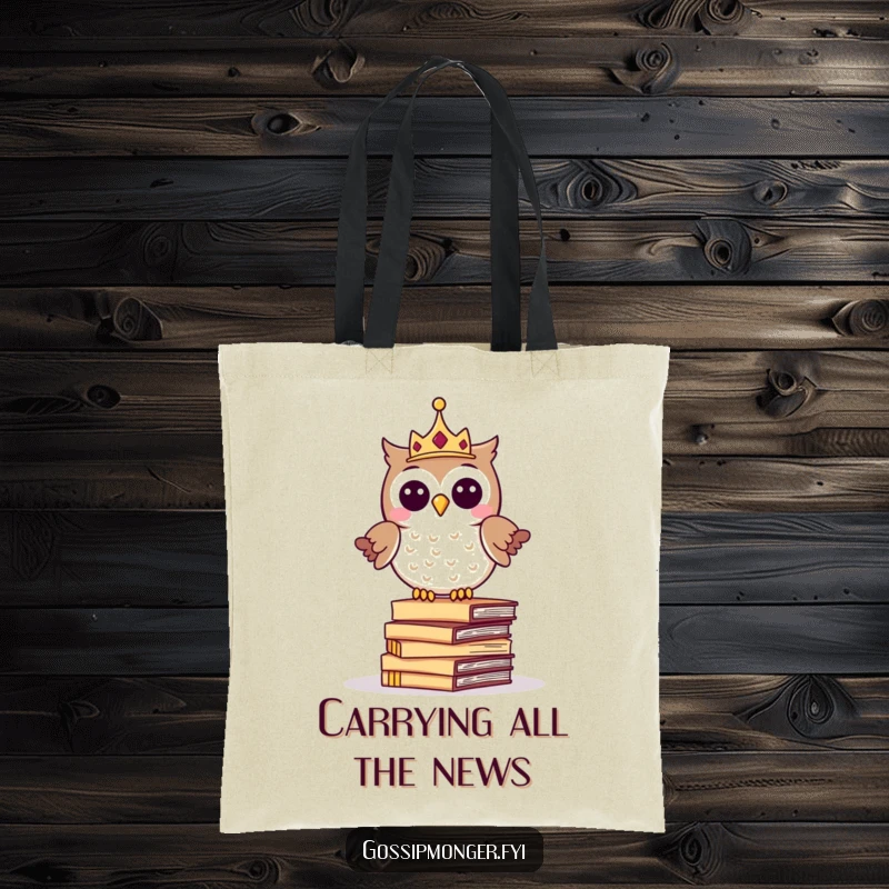 Funny tote bag with a giggling crowned owl balancing on a stack of whispering letters, for carrying books and secrets with style.