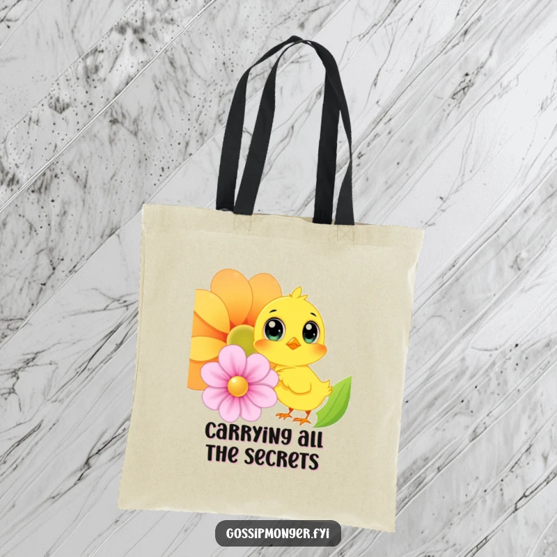 Funny Chick Tote Bag: A cheerful yellow chick with huge eyes whispers secrets to a colorful flower, showcasing a funny and practical accessory.