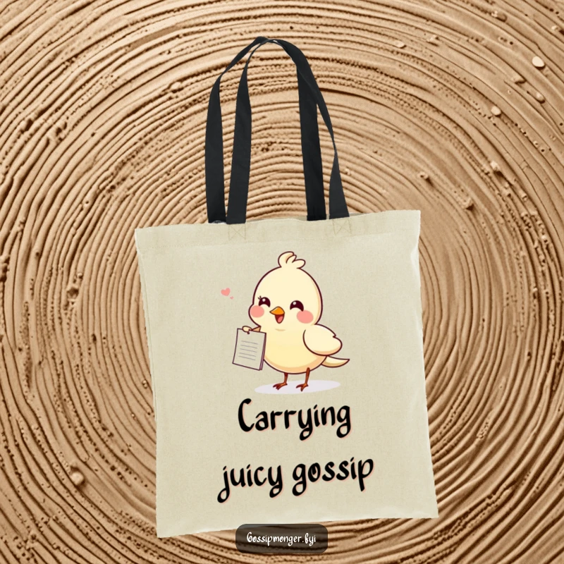 Funny gossiping bird tote bag, a cheerful bird carrying a tiny note, perfect for carrying essentials with a hint of secret-sharing fun.