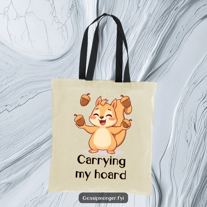 Funny tote bag showcasing a delighted squirrel in the act of juggling numerous acorns, ready for adventures.