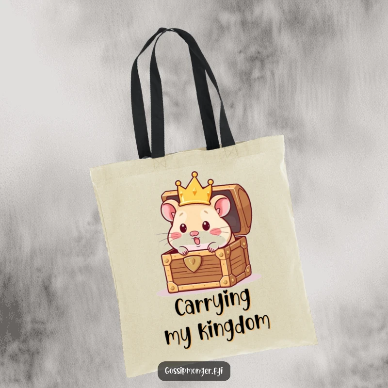 Funny Tote Bag: A curious hamster with a crown emerges from a treasure chest, showcasing a funny and adventurous spirit, ideal funny gift.